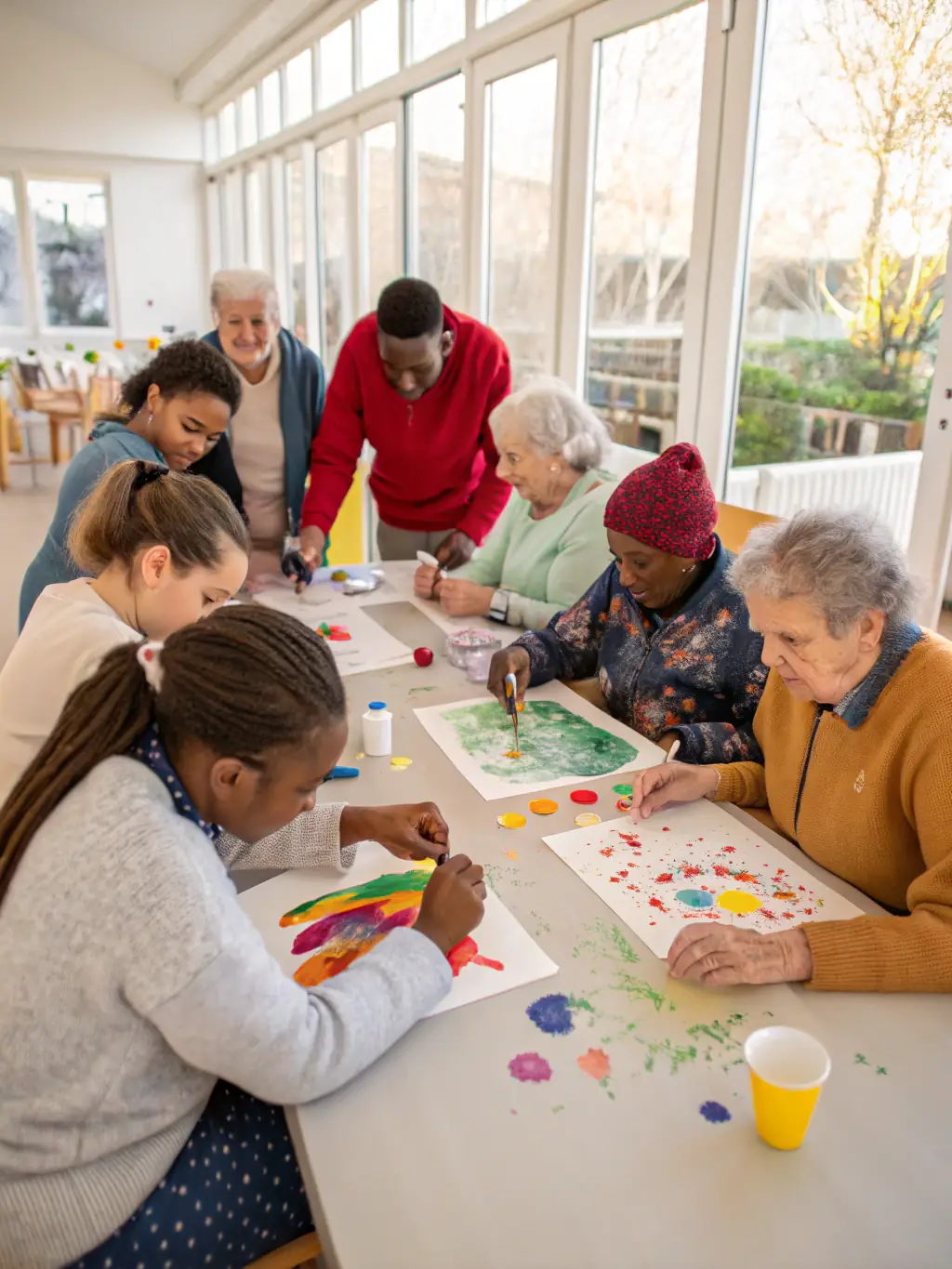 A vibrant photograph capturing a community art workshop in progress, showcasing participants of diverse ages and backgrounds engaged in painting and crafting, reflecting GAAL 13's commitment to accessible arts education.