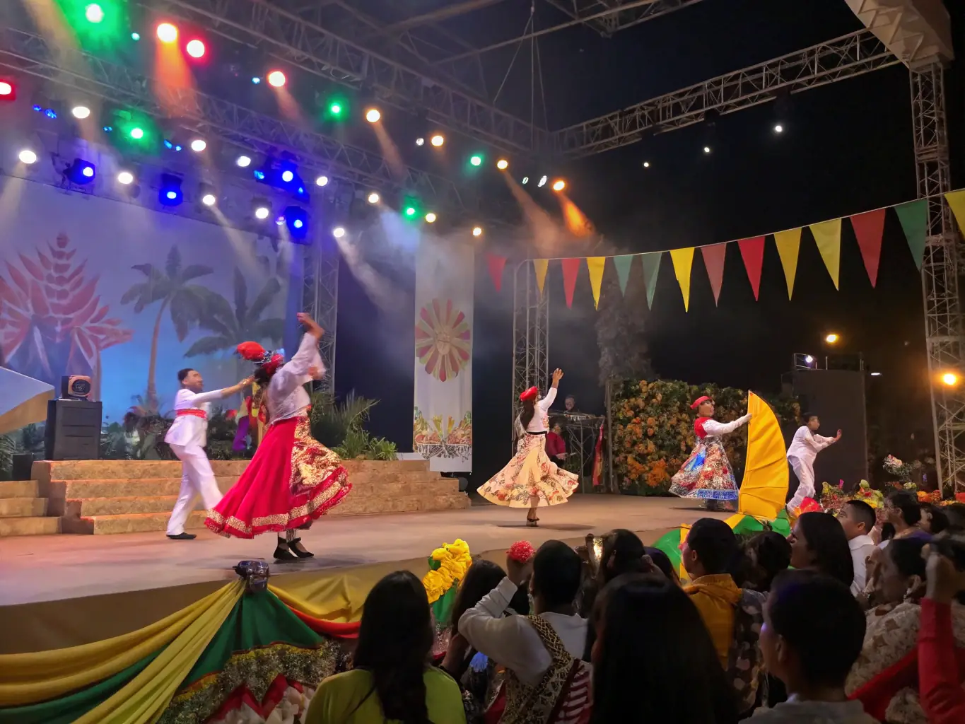 A dynamic image showcasing a live cultural performance organized by GAAL 13, featuring dancers, musicians, and theatrical elements, highlighting the organization's role in promoting cultural exchange.