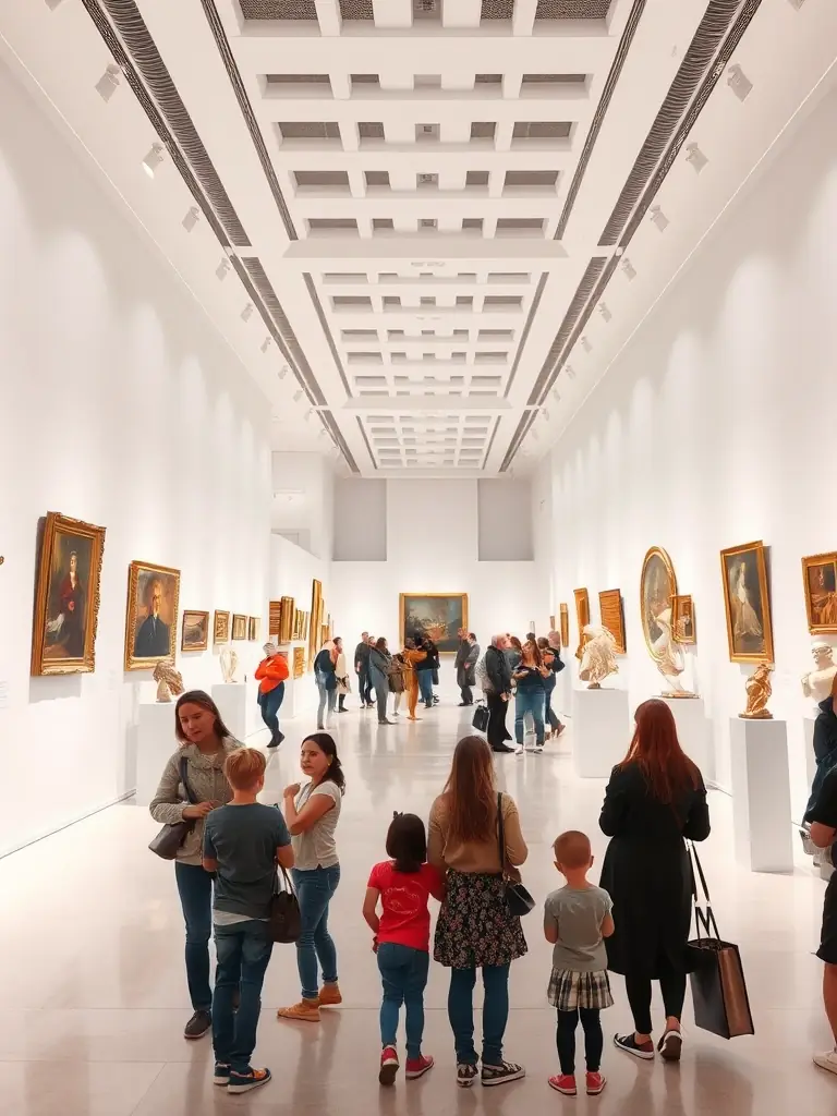 A photograph of an art exhibition hosted by GAAL 13, displaying a variety of artworks including paintings, sculptures, and mixed media pieces, attracting art enthusiasts and promoting local artists.