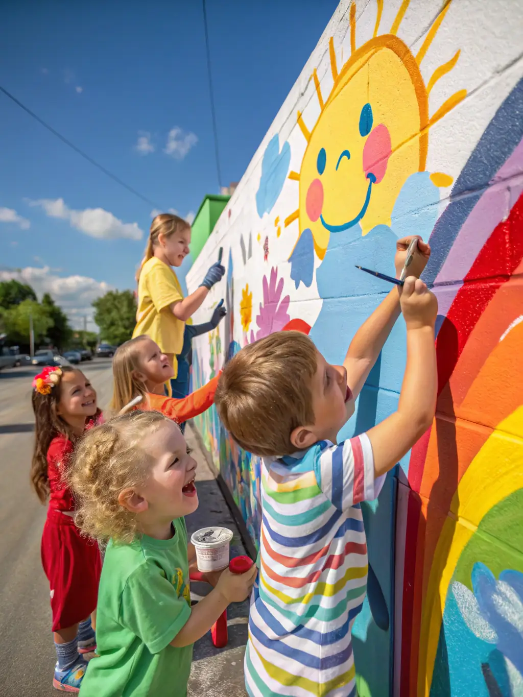 A photograph of children participating in a mural painting project organized by GAAL 13, adding color and vibrancy to a local neighborhood, demonstrating the organization's dedication to public art initiatives.